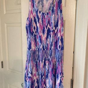 Purple and blue dress.